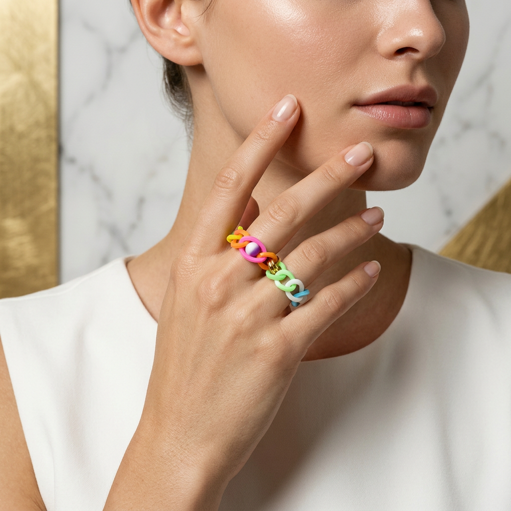 Stacked Prisme rings worn on the hand of a model in ivory